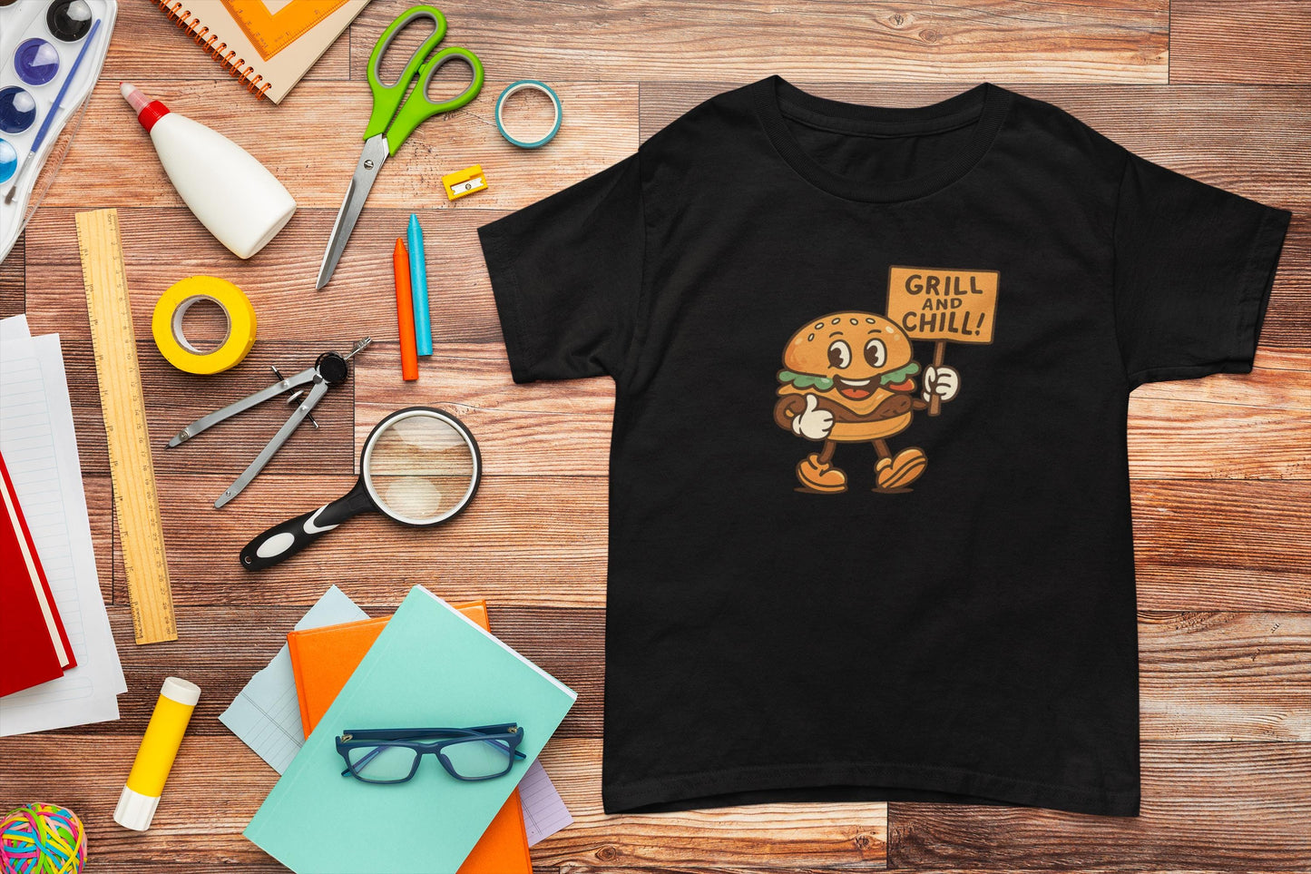 Kids Burger Grill & Chill TShirt, Fun Summer Tee, Party Apparel, Cartoon Graphic Kids Tee, Fun Gift for Little Chefs, Back to School Apparel