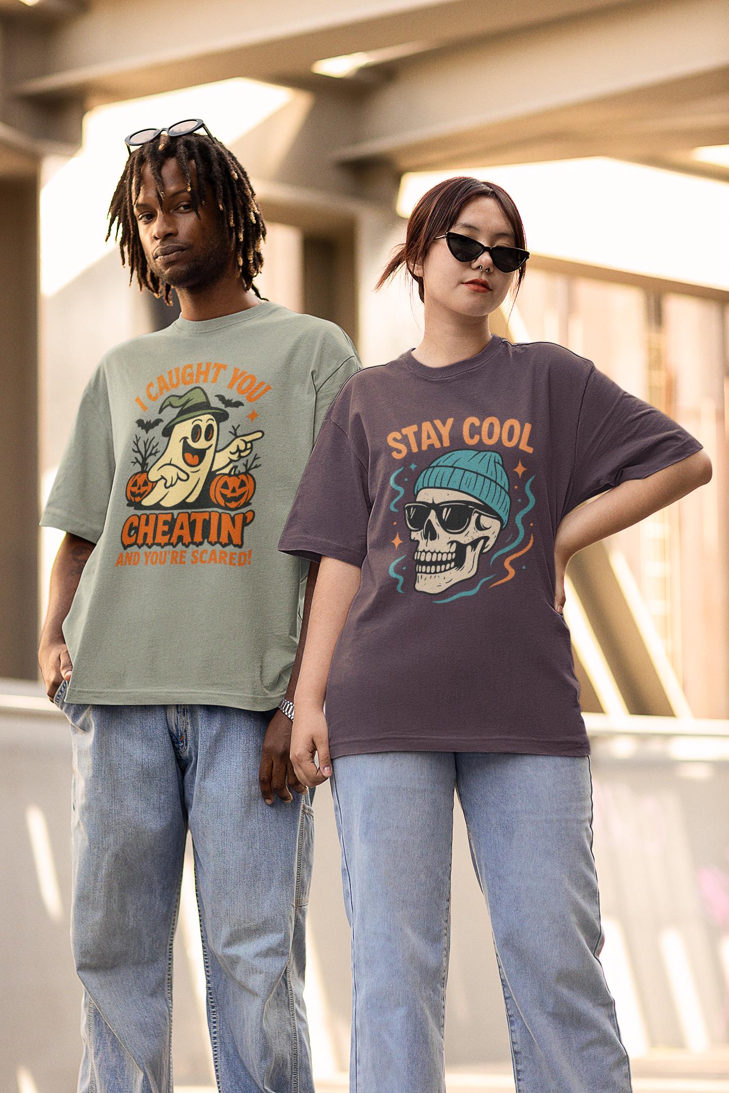 Playful Halloween T-Shirt, Funny Ghost Tee, Spooky Costume Top, Halloween Party Wear, Trick or Treat Shirt, Halloween Cheating Meme T-Shirt