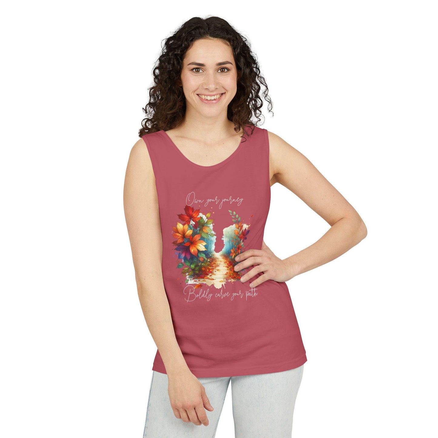Colorful Autumn Tank Top, Own Your Journey & Boldly Carve Your Path Top, Nature Vibe, Inspiring Boho Casual Wear Top, Comfort Colors