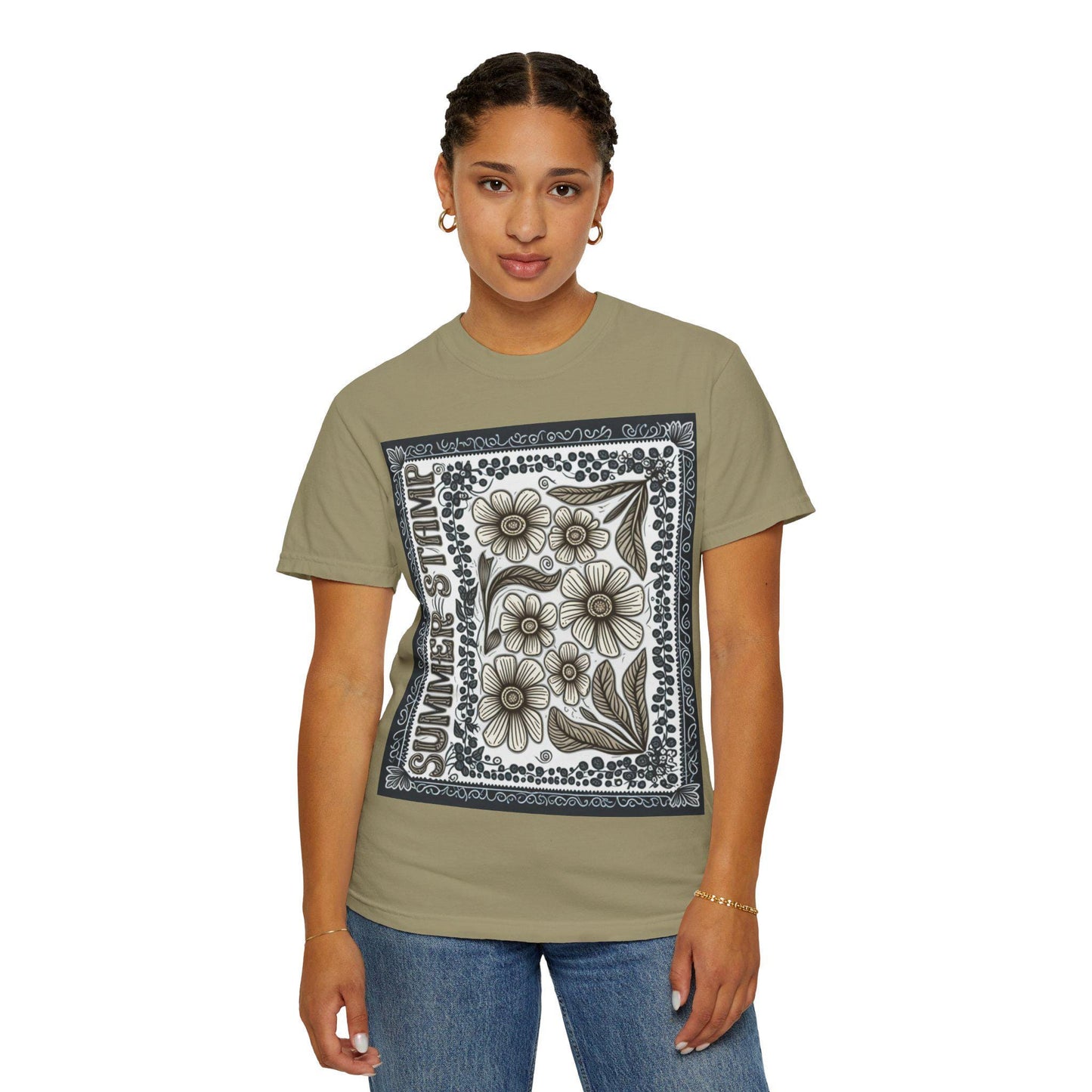 Summer Stamp Boho Daisy Flower T-Shirt | Unisex Garment-Dyed Tee for Casual Wear, Gifting, Beach Days, Spring Events, Eco-Friendly Fashion