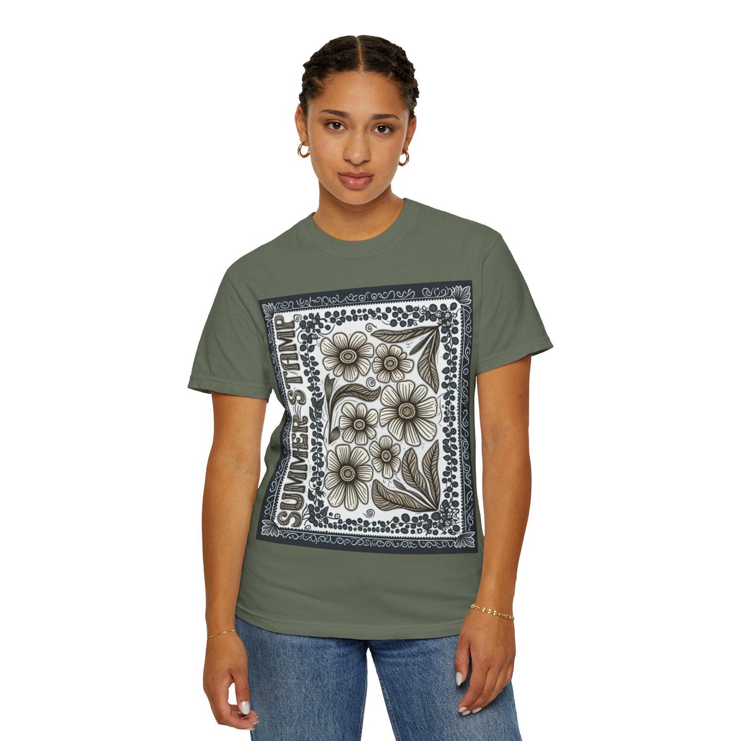 Summer Stamp Boho Daisy Flower T-Shirt | Unisex Garment-Dyed Tee for Casual Wear, Gifting, Beach Days, Spring Events, Eco-Friendly Fashion