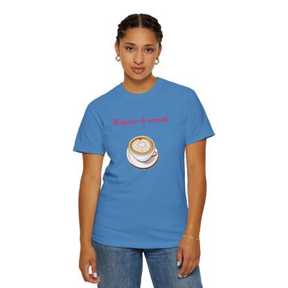 Bonjour le Monde Weekend Coffee T-Shirt, Unisex Tee, Vintage Aesthetic, Women Casual Wear, Gift for Coffee Lovers,  Travel and Café Culture