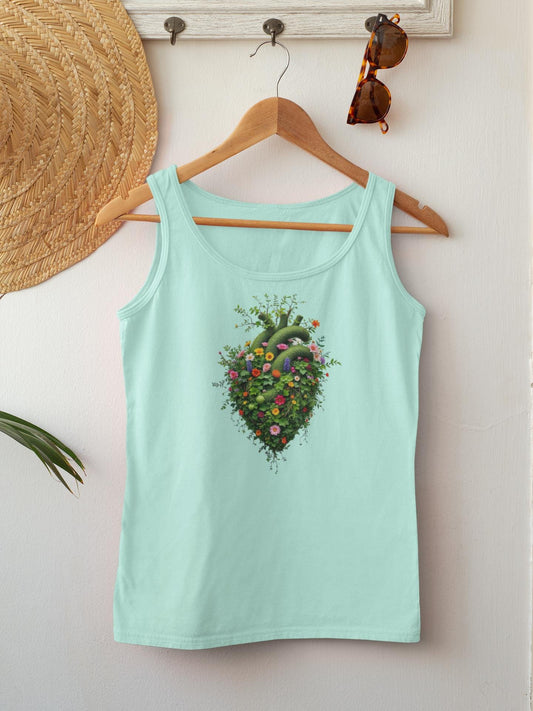 Floral Hearth Heart Tank Top, Retro Floral Graphic Top, Boho Aesthetic Minimalist Top, Simple Outdoor Top, Soft Everyday Comfort Colors Wear
