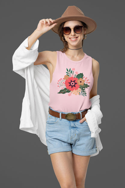 Boho Floral Tank Top, Soft Cotton Summer Tee, Boho Chic Top, Gift for Her, Casual Wear, Fun Vibes Shirt, Comfort Color, Summer Style Blouse,