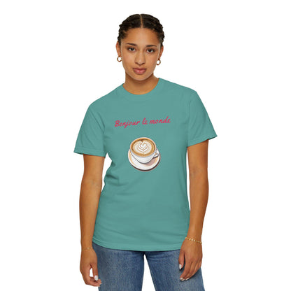 Bonjour le Monde Weekend Coffee T-Shirt, Unisex Tee, Vintage Aesthetic, Women Casual Wear, Gift for Coffee Lovers,  Travel and Café Culture