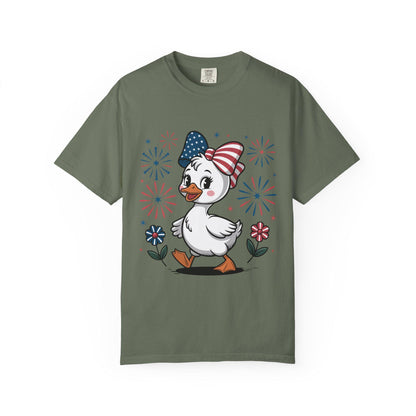 Patriotic Duck T-Shirt, Men and Women Garment-Dyed Tee for July 4th, Summer BBQ, Independence Day, Red White Blue, Comfort Colors Wear.