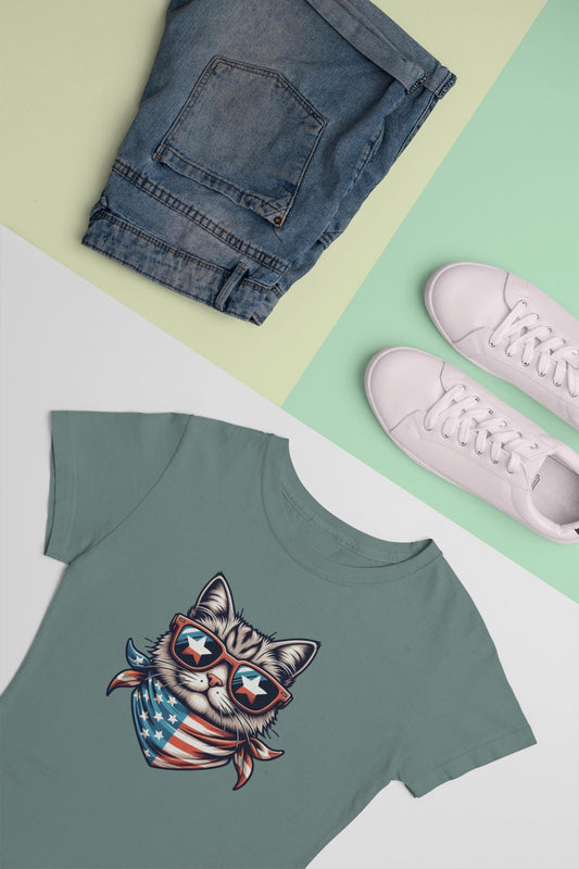 American Cool Cat 4th of July T-Shirt, July 4th Tee, Summer BBQ, Independence Day, Red White Blue, Comfort Colors, Back to School Clothing