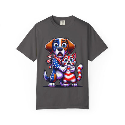 4th of July Dog and Cat T-Shirt, Men and Women Garment-Dyed Tee for July 4th, Summer BBQ, Independence Day, Red White Blue, Comfort Colors.