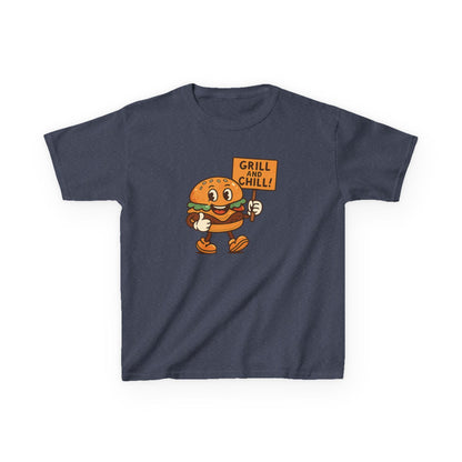 Kids Burger Grill & Chill TShirt, Fun Summer Tee, Party Apparel, Cartoon Graphic Kids Tee, Fun Gift for Little Chefs, Back to School Apparel