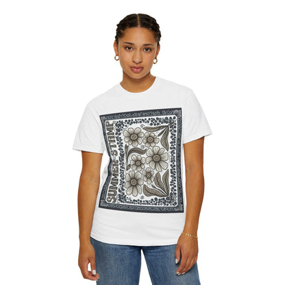 Summer Stamp Boho Daisy Flower T-Shirt | Unisex Garment-Dyed Tee for Casual Wear, Gifting, Beach Days, Spring Events, Eco-Friendly Fashion