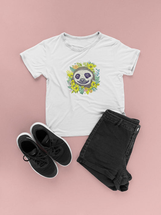 Kids Floral Sloth Graphic Tee - "Sloth" Design, Fun Shirt for Children, Summer Clothing, Gift for Kids, Party Wear, Boho Natural Kids Tee