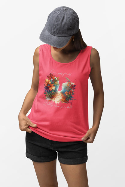 Colorful Autumn Tank Top, Own Your Journey & Boldly Carve Your Path Top, Nature Vibe, Inspiring Boho Casual Wear Top, Comfort Colors