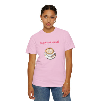 Bonjour le Monde Weekend Coffee T-Shirt, Unisex Tee, Vintage Aesthetic, Women Casual Wear, Gift for Coffee Lovers,  Travel and Café Culture