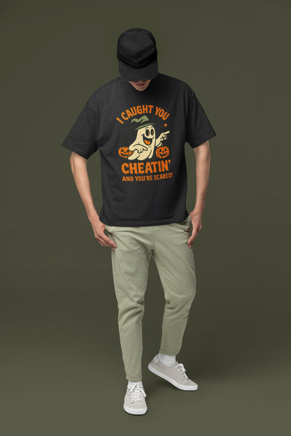Playful Halloween T-Shirt, Funny Ghost Tee, Spooky Costume Top, Halloween Party Wear, Trick or Treat Shirt,  Halloween Cheating Meme T-Shirt