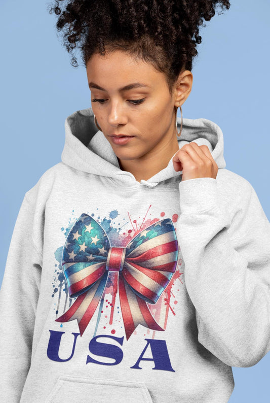 Patriotic Bow Hoodie - USA Design, Fourth of July, Independence Day, Gift for Her, Cozy Sweatshirt, Summer Style, Holiday Apparel