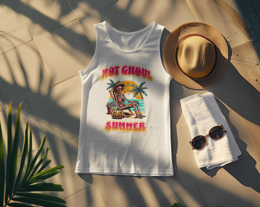 Summerween Hot Ghoul Summer Tank Top, Unisex Garment-Dyed Tank Top, Funny Monster Beach Party, Spooky Vacation Tank Top, Trendy Spooky Ghoul