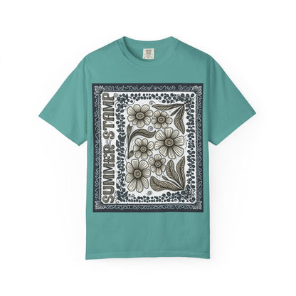 Summer Stamp Boho Daisy Flower T-Shirt | Unisex Garment-Dyed Tee for Casual Wear, Gifting, Beach Days, Spring Events, Eco-Friendly Fashion