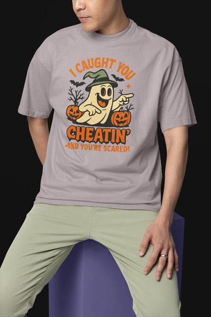 Playful Halloween T-Shirt, Funny Ghost Tee, Spooky Costume Top, Halloween Party Wear, Trick or Treat Shirt,  Halloween Cheating Meme T-Shirt