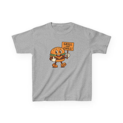 Kids Burger Grill & Chill TShirt, Fun Summer Tee, Party Apparel, Cartoon Graphic Kids Tee, Fun Gift for Little Chefs, Back to School Apparel