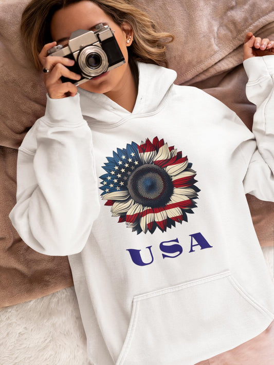 Patriotic USA Hoodie, Unisex Heavy Blend™ Sweatshirt, American Flag Apparel, 4th of July Gift, Cozy Casual Wear Sunflower Hoodie