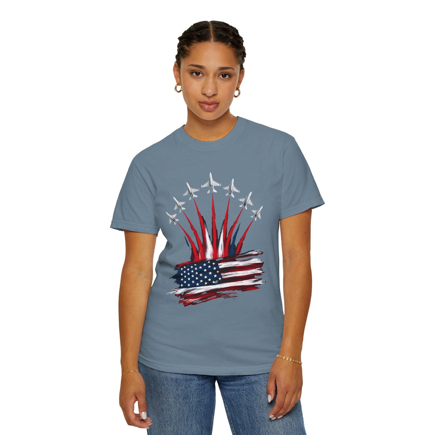 Patriotic American Flag, Fighter Jet T-Shirt, Unisex Tee for July 4th, American Pride, Independence Day, Red White Blue, Comfort Colors Wear