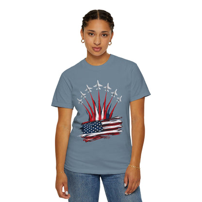 Patriotic American Flag, Fighter Jet T-Shirt, Unisex Tee for July 4th, American Pride, Independence Day, Red White Blue, Comfort Colors Wear