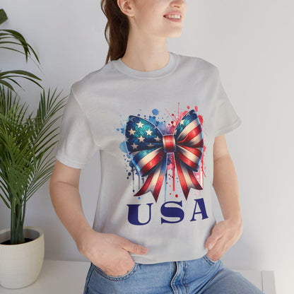 Patriotic Bow Tee, USA Pride Shirt, Fourth of July Apparel, Casual Summer Top, Independence Day Gift, Unisex Graphic Tee