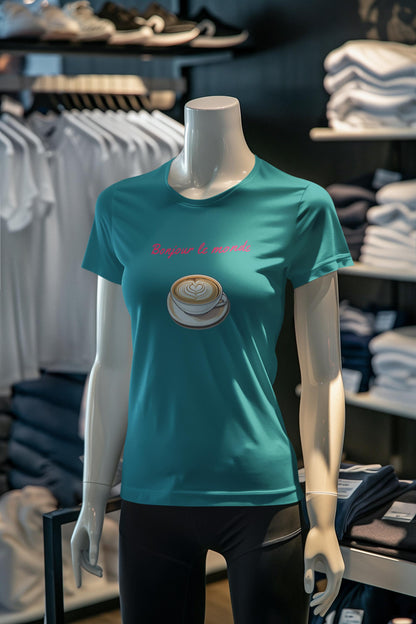 Bonjour le Monde Weekend Coffee T-Shirt, Unisex Tee, Vintage Aesthetic, Women Casual Wear, Gift for Coffee Lovers,  Travel and Café Culture