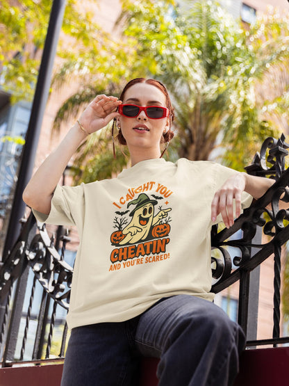 Playful Halloween T-Shirt, Funny Ghost Tee, Spooky Costume Top, Halloween Party Wear, Trick or Treat Shirt,  Halloween Cheating Meme T-Shirt