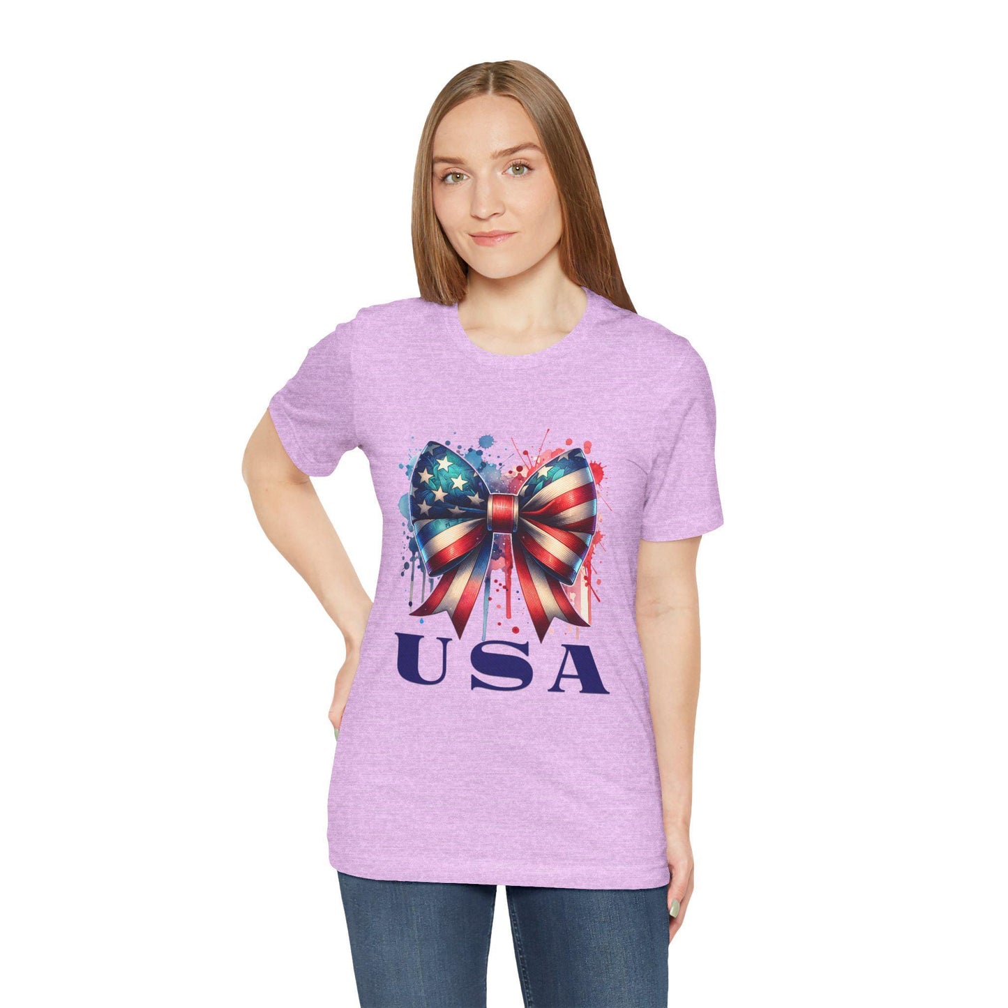 Patriotic Bow Tee, USA Pride Shirt, Fourth of July Apparel, Casual Summer Top, Independence Day Gift, Unisex Graphic Tee