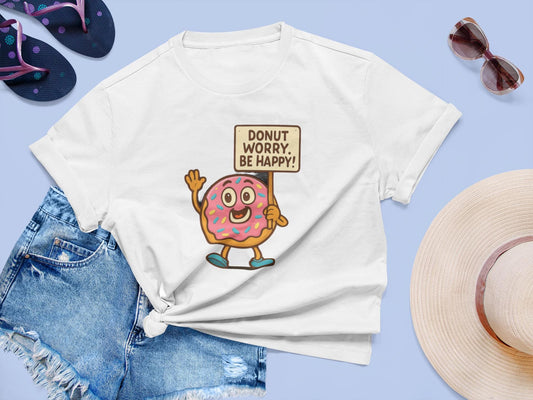 Donut Worry Be Happy T-Shirt - Fun and Inspirational Graphic Tee for Food Lovers, Perfect for Gifts, Casual Wear, Birthday, and Celebrations