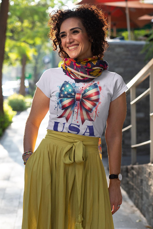 Patriotic Bow Tee, USA Pride Shirt, Fourth of July Apparel, Casual Summer Top, Independence Day Gift, Unisex Graphic Tee
