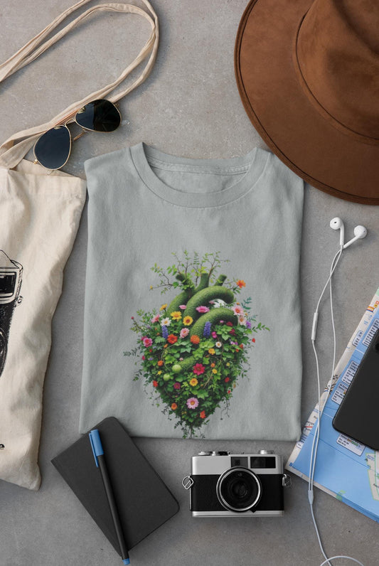 Floral Hearth Heart T-Shirt, Retro Floral Graphic Tee, Boho Aesthetic Tee, Minimalist, Simple Outdoor Tee, Soft Everyday Comfort Colors Wear