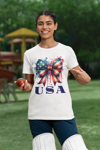 Patriotic Bow Tee, USA Pride Shirt, Fourth of July Apparel, Casual Summer Top, Independence Day Gift, Unisex Graphic Tee