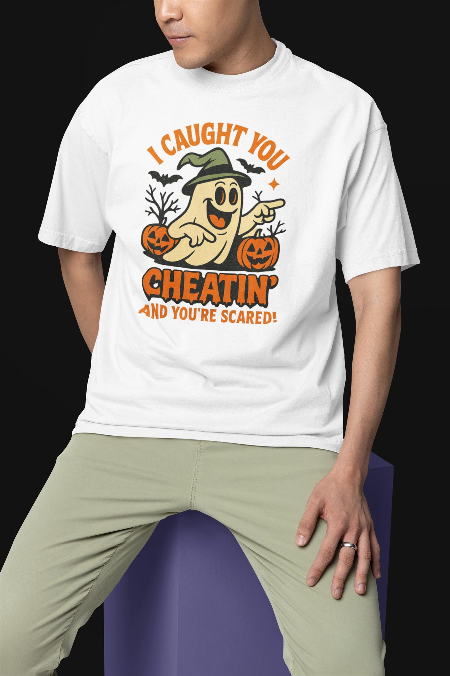 Playful Halloween T-Shirt, Funny Ghost Tee, Spooky Costume Top, Halloween Party Wear, Trick or Treat Shirt,  Halloween Cheating Meme T-Shirt