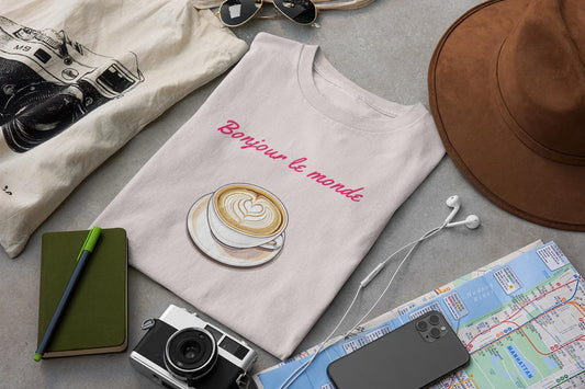 Bonjour le Monde Weekend Coffee T-Shirt, Unisex Tee, Vintage Aesthetic, Women Casual Wear, Gift for Coffee Lovers,  Travel and Café Culture