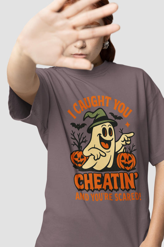 Playful Halloween T-Shirt, Funny Ghost Tee, Spooky Costume Top, Halloween Party Wear, Trick or Treat Shirt,  Halloween Cheating Meme T-Shirt