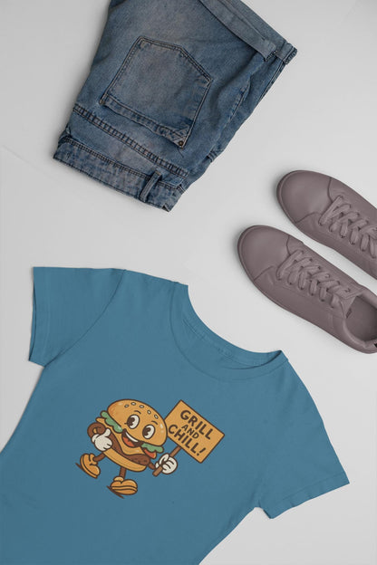 Kids Burger Grill & Chill TShirt, Fun Summer Tee, Party Apparel, Cartoon Graphic Kids Tee, Fun Gift for Little Chefs, Back to School Apparel