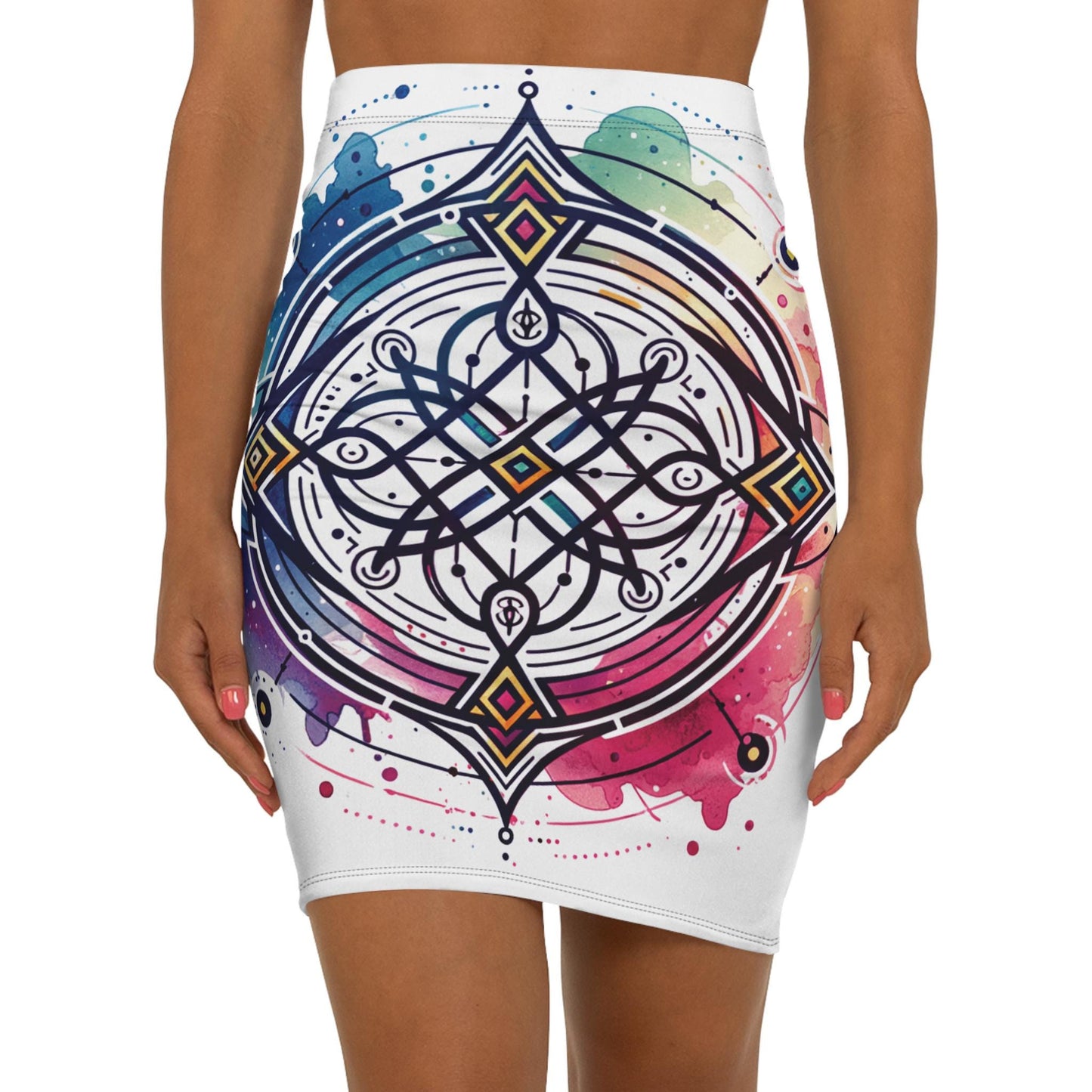 Women's Colorful Mandala Pencil Skirt, Stylish Mid-Waisted Boho Skirt for Casual Outings, Vibrant Summer Fashion, AOP Design, Neodiverse