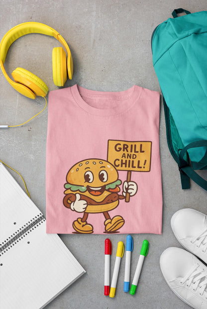 Kids Burger Grill & Chill TShirt, Fun Summer Tee, Party Apparel, Cartoon Graphic Kids Tee, Fun Gift for Little Chefs, Back to School Apparel
