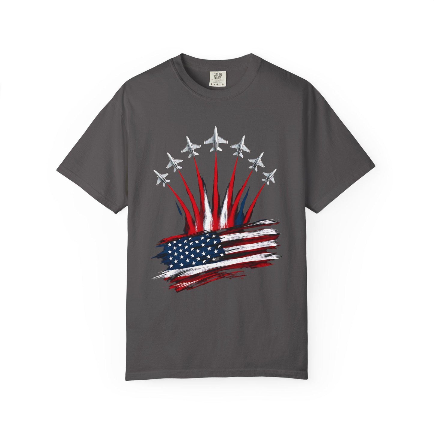 Patriotic American Flag, Fighter Jet T-Shirt, Unisex Tee for July 4th, American Pride, Independence Day, Red White Blue, Comfort Colors Wear