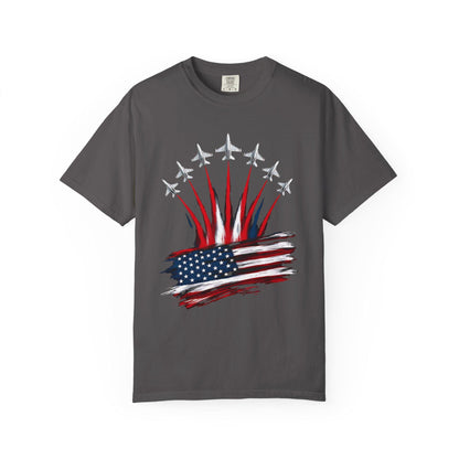 Patriotic American Flag, Fighter Jet T-Shirt, Unisex Tee for July 4th, American Pride, Independence Day, Red White Blue, Comfort Colors Wear
