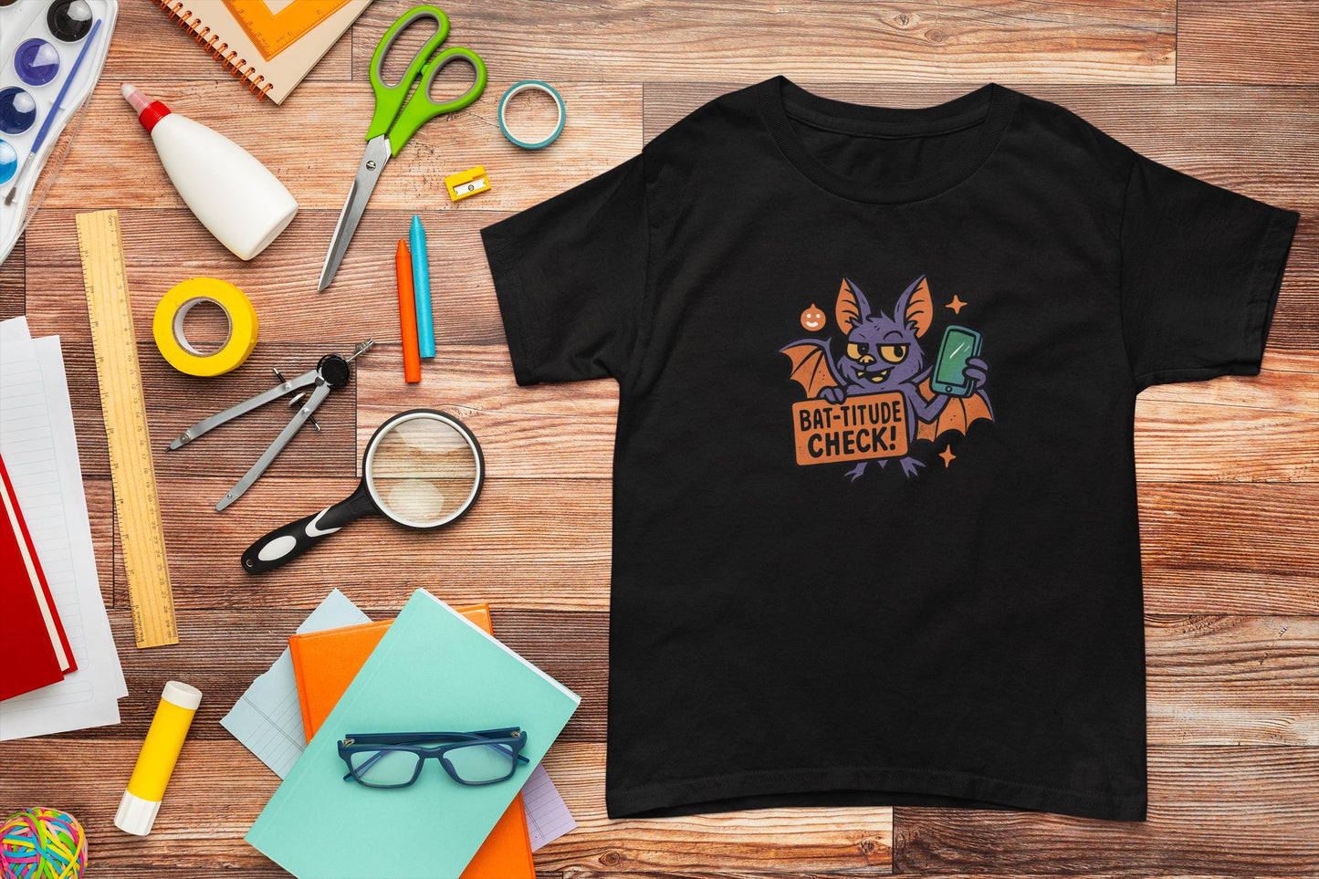 Funny Youth Tee with Batitude Check Design, Kids Halloween Shirt, Bat Shirt for Children, Cute Halloween Outfit, Gift for Halloween Party