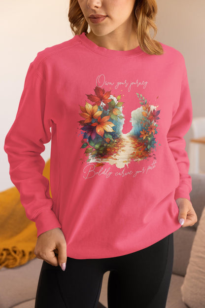 Colorful Autumn Sweatshirt, Own Your Journey & Boldly Carve Your Path Top, Nature Vibe, Inspiring Boho Casual Wear Top, Comfort Colors