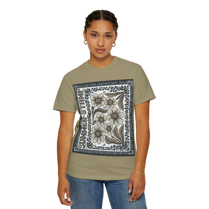 Summer Stamp Boho Daisy Flower T-Shirt | Unisex Garment-Dyed Tee for Casual Wear, Gifting, Beach Days, Spring Events, Eco-Friendly Fashion