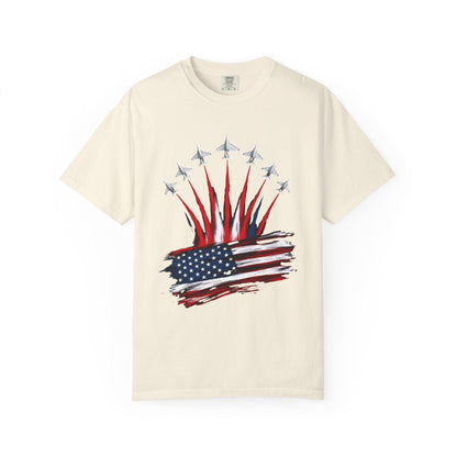 Patriotic American Flag, Fighter Jet T-Shirt, Unisex Tee for July 4th, American Pride, Independence Day, Red White Blue, Comfort Colors Wear