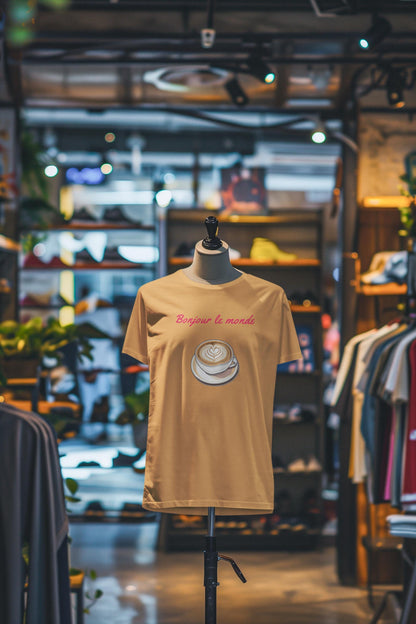 Bonjour le Monde Weekend Coffee T-Shirt, Unisex Tee, Vintage Aesthetic, Women Casual Wear, Gift for Coffee Lovers,  Travel and Café Culture