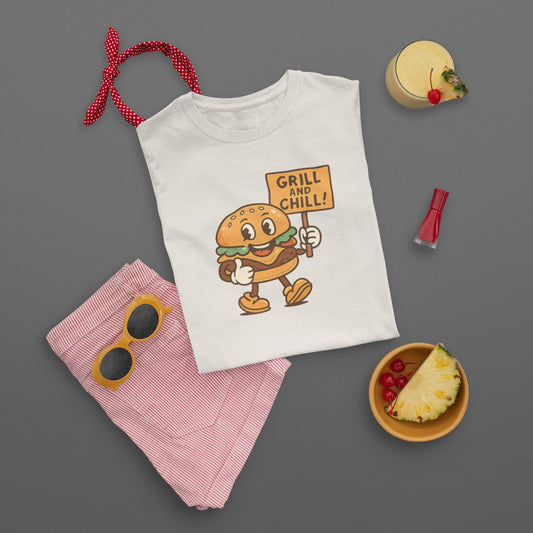 Kids Burger Grill & Chill TShirt, Fun Summer Tee, Party Apparel, Cartoon Graphic Kids Tee, Fun Gift for Little Chefs, Back to School Apparel