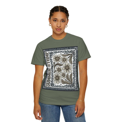 Summer Stamp Boho Daisy Flower T-Shirt | Unisex Garment-Dyed Tee for Casual Wear, Gifting, Beach Days, Spring Events, Eco-Friendly Fashion