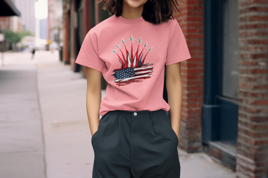 Patriotic American Flag, Fighter Jet T-Shirt, Unisex Tee for July 4th, American Pride, Independence Day, Red White Blue, Comfort Colors Wear